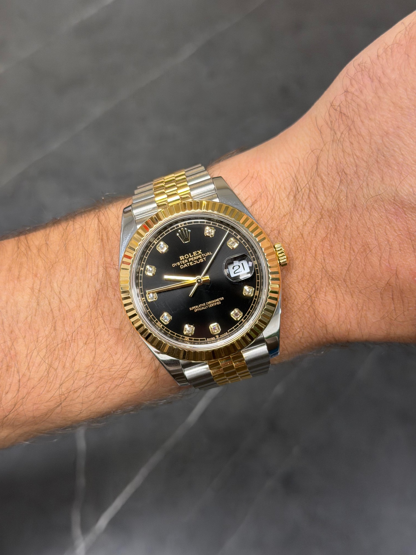Rolex Datejust 41 two-tone black diamond dial on wrist