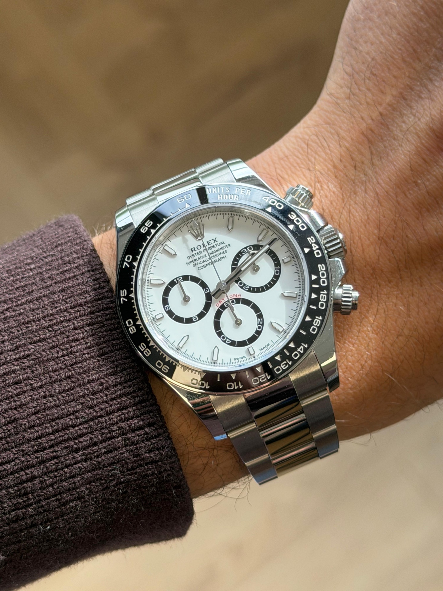 Rolex Daytona steel panda dial on wrist